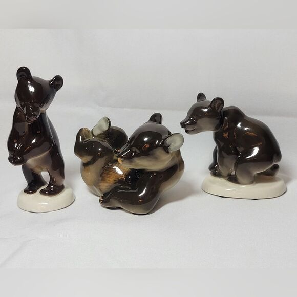 Vintage Lomonosov USSR Set Of 3 Porcelain Brown Bear Figurines - Picture 6 of 15